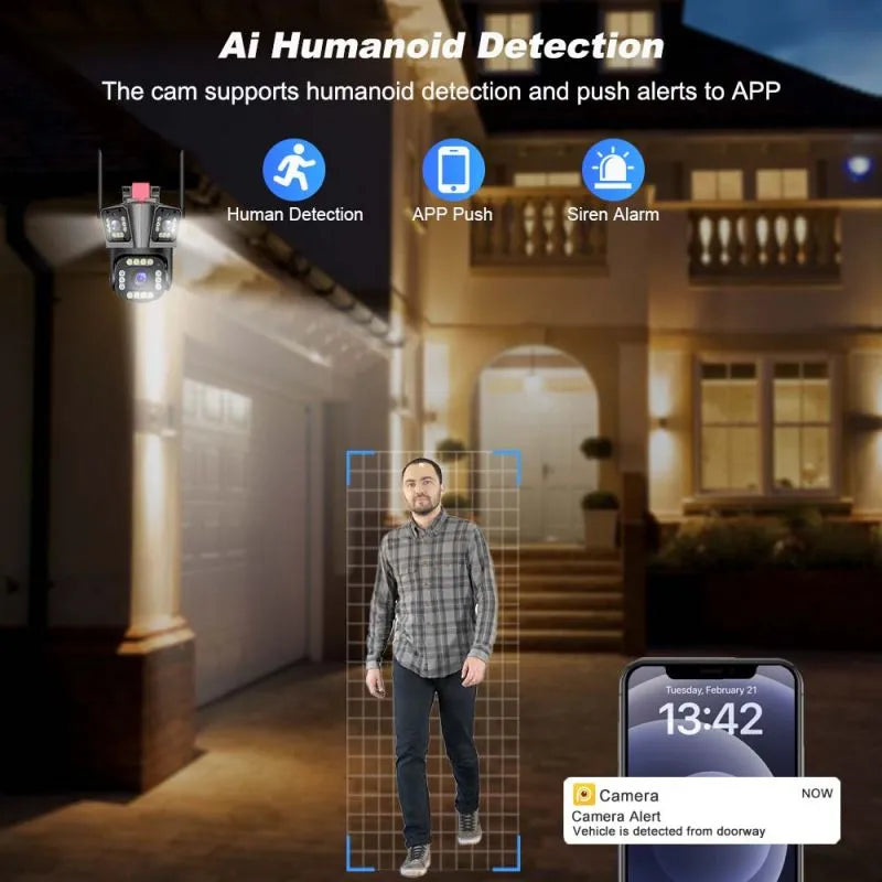Cámara de Seguridad con 3 Lentes, Alarma y Visión 360°